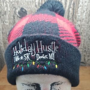 Holiday Hustle 1 Mile 5K Detroit MI Red & Black Plaid Knit Beanie Hat One Size